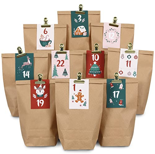 Papierdrachen DIY Adventskalender zum Befüllen - 24 Geschenktüten und 24 Visitenkarten mit Zahlen und Metall-Klammern - Grün-Bordeaux - zum Selberbasteln - Weihnachten