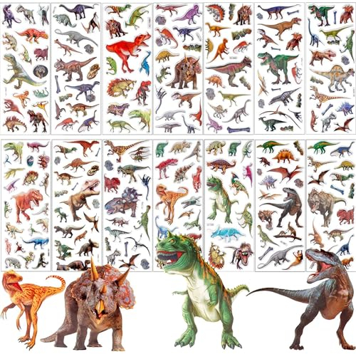 SANNIX 200 Stück 3D-Dinosaurier-Aufkleber für Kinder, 14 Blatt, geschwollene Tiere, Aufkleber für Scrapbooking, Bullet Journal