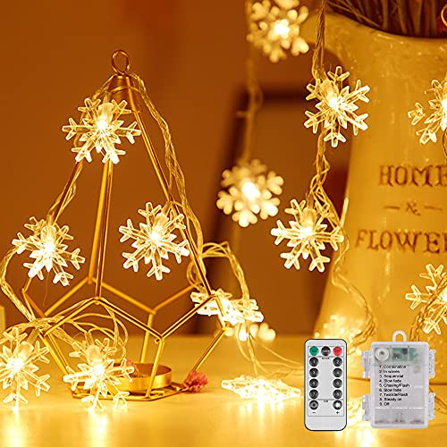 LED Lichterkette Schneeflocke, 6M 40 LED Lichterkette Batterie mit Timer Fernbedienung 8 Modi Weihnachten innen und außen Lichterketten für Zimmer, Deko, Halloween, Party