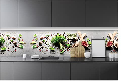 Fototapete Küche Abwaschbar Gewürze Kräuter Grau - 250x60 cm Einteilig Premium Küchenrückwand - Inklusive Kleister Modern Küchentapete Fototapeten Vlies Tapete UV-Beständig Montagefertig