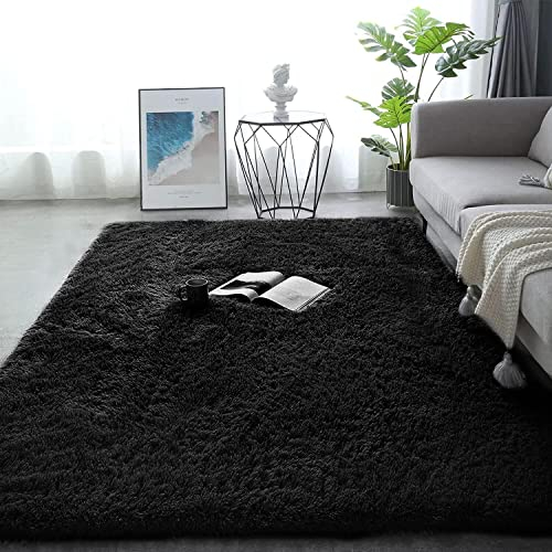 Enyhom Indoor Shaggy Teppich 80 x 160 cm Luxus Flauschigen Bodenteppich Super Weich Hochflor Schlafzimmer Teppich Waschbar Pelzigen Bettvorleger Teppich für Sofa Wohnzimmer Dekoration, Schwarz