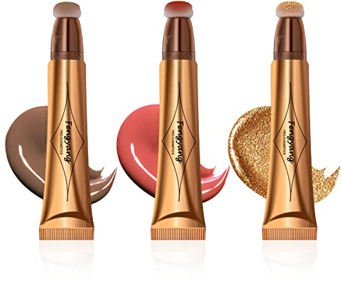 Fengyang® 3pcs Flüssiges Rouge für die Wangen Highlighter-Make-up-Stick Flüssiger Rouge-Stick 3-in-1 Wangen-Liquid-Rouge, Highlighter Wand Shimmer Liquid Face Highlighter with Cushion Applicator (B)
