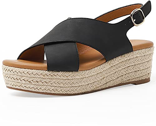 Sandales Plates Platform Femmes Chaussures Été Confortable à Talons Plats Nu Pieds Mode Comfy Sandales Chaussures de Plage,Black,35 EU/4US