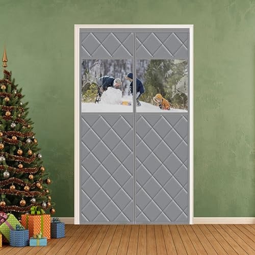 MEFENY Grey Door Curtain, Insulated Curtains Fit Door Size Up to 70cm x 200cm, Magnetic Thermal Door Curtains for Winter, Soundproof Folding Door Curtains to Block Out Cold air & Reduce Condensation