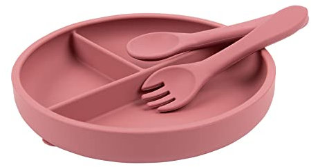 Tiny Dining Baby-Saugteller, Gabel und Löffel-Set - Dusty Rose - 3-teiliges Baby-Essset aus Silikon für Babys