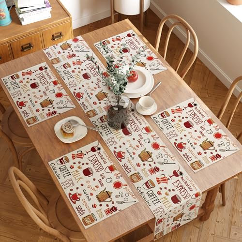 Encasa XO Boho Jacquard Set of 4 Placemats and 1 Table Runner 32x150 cm | Espresso Design | Vintage Style | Woven Bohemian Tapestry for Dining - Machine Washable