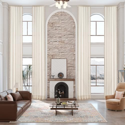 Sanceor Natural Linen Cream White Extra Long Curtain,20ft Custom Made Length Rod Pocket Semi Sheer Drape for 2 Story House,High Ceiling,Light Filtering(1 Panel,W52 x L240)
