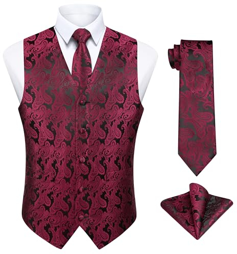 Enlision Herren Weste Bordeaux Paisley Floral Jacquard Weste mit Krawatte und Einstecktuch Taschentuch Hochzeit,XXXL