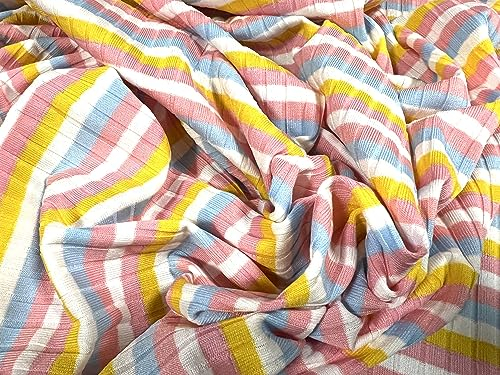 Stretch-Spandex-Ripp-Jersey-Strickstoff, Meterware, neapolitanische Streifen, Weiß, Blau, Rosa und Gelb