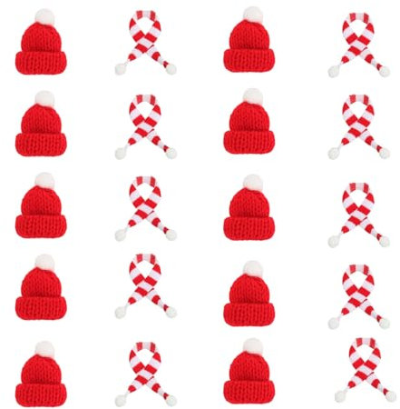 FiveMileBro 20 Stücke Mini Weihnachtsmütze und Schal Set, Kleine Nikolausmützen, Weihnachten Weinflasche Abdeckung, Lollipop-Hut, Dekoration des Stiftdeckels(Red)