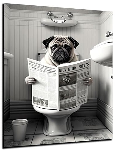 DARO Design - Bilder Deko Gäste WC Wandbild Badezimmer Bad Toilette Kunstdruck Bild auf 6mm HDF 56x84 cm Mops Wanddeko - lustige Wandbilder Leinwand Poster Aesthetic Room Decor Hund Dog