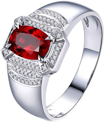 Partner Ringe Damen, Ring mit Steinen Rundherum 18 Karat Weißgold Lab Rubin 0.7CT Rot Ovalschliff VVS mit Diamant Weiß Größe 65 (20.7) Npassbar