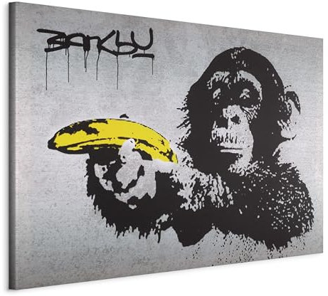 B&D XXL - Handart Banksy Kunstdruck auf Leinwand 120x80 cm 1 tlg Groß Kunstbilder wie Handgemalte Wandbilder XXL mit Acrylgel beschichtet Wand Bilder mit Struktur Monkey with Banana 030115-40