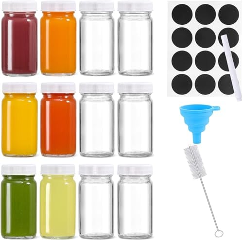 ALINK 12 Pack 2oz/60ml Reusable Mini Clear Glass Shot Bottles, Travel Bottles for Juice, Ginger, Small Glass Jars with Lids, Label, Pen.(Dishwasher Safe & Leak Proof)