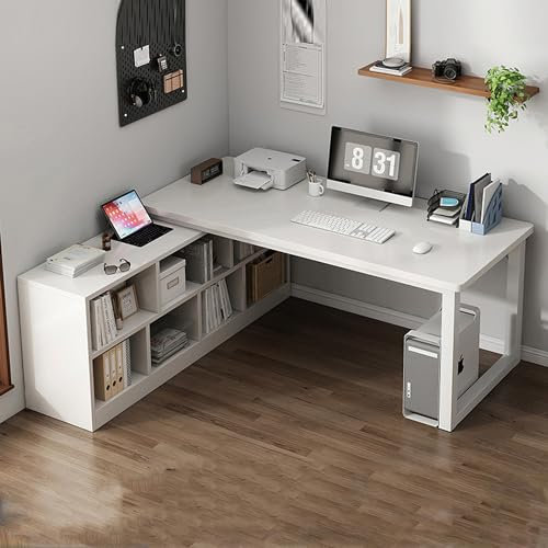 Esspoxi Escritorio Esquinero Forma L con Gabinete Almacenamiento, Grande Mesa Gaming Madera, Tablero Resistente, Estructura Acero Grueso - Ideal para Estudiantes, Oficina Casa (Color : Blanco, Size