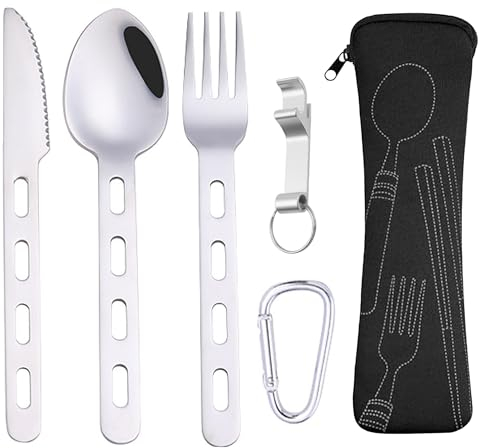 Reisebesteck Camping Edelstahl, Messer Gabel Löffel Set Outdoor, Besteck Campingbesteck Mit Gabel Löffel Messer Karabiner Tragbare Stofftasche Bierschraubendreher für Reise Camping Picknick