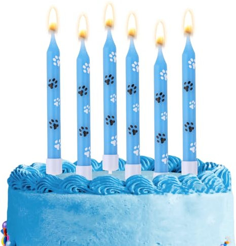 12stk Geburtstagskerzen mit Pfotenabdruck, Geburtstagskerzen mit Hundepfotenabdruck Motiv Cupcake Topper mit Blauen Pfoten Pfotenabdruck Kerze für Haustier Geburtstagszubehör