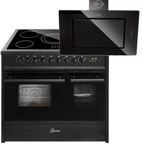 GURARI Elektro-Standherd GCH E 912 DF BL+GCH S 155 BL 90 Prime, Elektro Standherd 90 cm mit 1-fach-Teleskopauszug, Doppelbackofen+Dunstabzugshaube 90 cm
