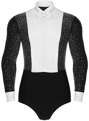 RUNQHUI Herren Langarm Tanz Hemd Body Latein Tanzbody Stringbody Einteiler Eiskunstlauf Dancewear mit Fliege Gr. M-XXL Schwarz L