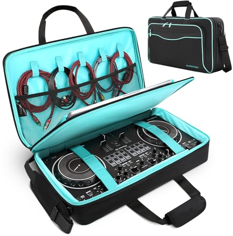 AUROTIER DJ Bag for DDJ-FLX4/DDJ 200/DDJ 400/DDJ REV1, Padded DJ Controller Crossbody Bag with 4 Pockets for 17.3 Inch Laptop, Cables, DJ Mixer Case with Adjustable Shoulder Strap for DJ Equipment