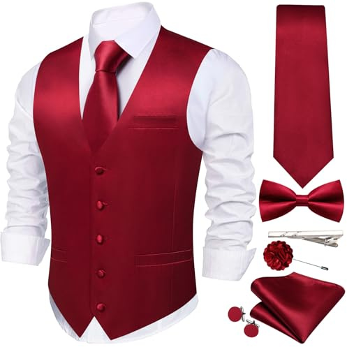 WSHOWY Herren-Weste, Krawatte, Fliege, Satin, V-Ausschnitt, einfarbig, Anzugweste, Manschettenknöpfe, Einstecktuch, formelle Hochzeit, Business, Smoking, burnt orange, Medium