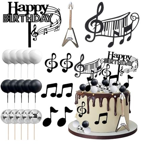 Cake Toppers Gitarre, 24 Stück, Kuchendekoration, Happy Birthday Cupcake Topper, Musiknoten, Gitarren-Kuchendekoration für Musikthema, Geburtstagsdekoration Rock Roll (B)
