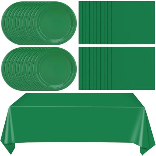 Juhap 49Pcs Green Birthday Party Decorations Green Party Supplies Set Include 24 Plates 24 Napkins and 1 Tablecloth, Disposable Green Tableware for Birthday Wedding Graduation Baby Showers Party