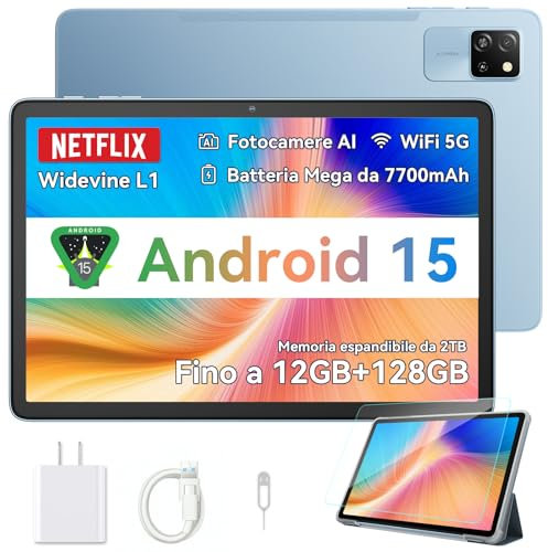 Blackview Tab60 Pro Tablet 10 Pollici (2025) Tablet Android 15, 12GB+128GB (TF 2TB), 5G Wi-Fi + 4G LTE, Octa Core T606, Batteria 7700mAh, Widevine L1/GMS/GPS/AI Camera, Tablet Pc con Custodia
