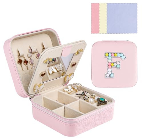 Ghope Schmuckkästchen Reise mit Spiegel, Klein Schmuck-Reiseetui mit initiale Schmuckkasten tragbar Schmuckschatulle Schmuckkoffer Schmucketui Jewelry Box für Damen Mädchen Geschenk