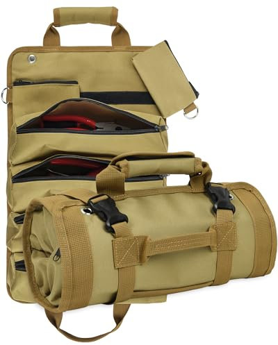 Tool Bag Compact Small Tools Box Storage for Small Tools, Heavy Duty Roll Up Tool Bag with 2 Detachable Pouches, Mens Gift for Dad/Husband (Father's Day, Christmas, Birthday) - (33cm/13, Khaki)
