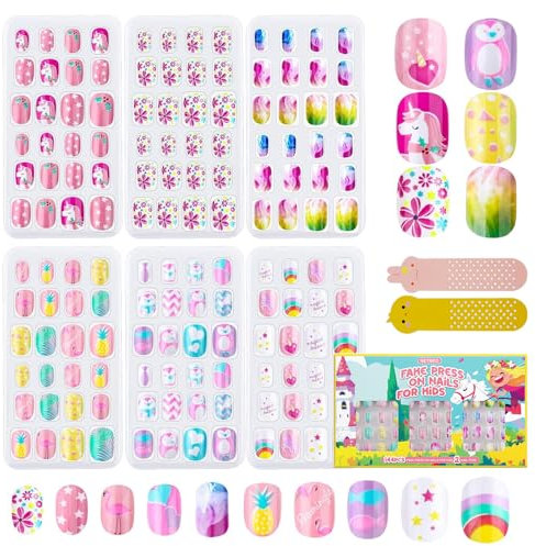 144 Pcs Kids Stick On Nails Pre glue Full Cover Children Girls False Nails Short Kids Press on Acrylic Nails Kit Gift for Girls Kid Nail Art Decoration (Lovely Unicorn)