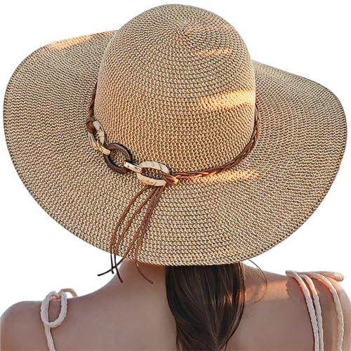 BelleVive Beach Sun Hats for Women, Wide Brim Straw Hat for Women, Summer Hat with Roll-Up Wind Band, Foldable Beach Hat with UV Protection, SPF 50+, Adjustable Strap, Holiday