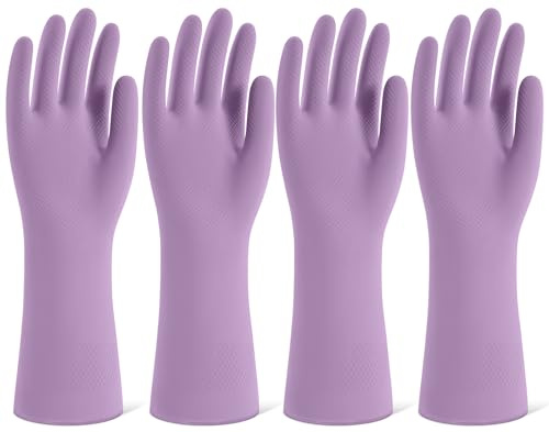 Rubber Cleaning Gloves for Dishwashing, 4 Pairs Reusable Kitchen Gloves for Washing Dishes and Household Cleaning, Purple Gloves with Flocked Lining and Non-Slip Grip, Perfect for