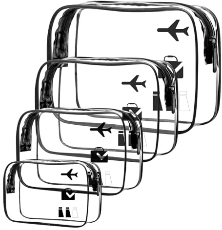 4 Stück Kosmetiktasche Durchsichtig, Flugzeug PVC Kulturtasche Transparent Wasserdicht Make-up Tasche für Familie, Männer un Frauen (Groß, Mittel, Plus Mittel, Klein)