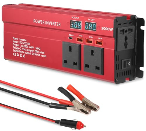 2000W Power Inverter 12V to 240V AC Pure Sine Wave Inverter,Car Inverter DC 12V to AC 240V with 3 USB Ports 3 AC Sockets 1 Type-C Port,Car Power Inverter with Digital Display