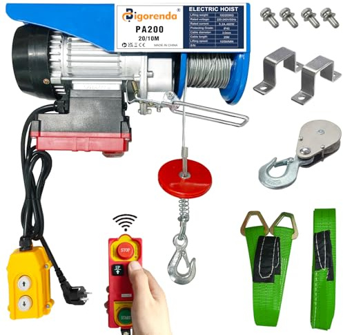 Bigorenda 230V Elektrische Seilwinde 200kg,2-in-1 Motorwinde mit 100m kabelloser und kabelgebundener Fernbedienung,Hubhöhe 20m,Einzel/Doppelschlingen,Hubgeschwindigkeit 10m/min,für Garage,Fabrik,Lager