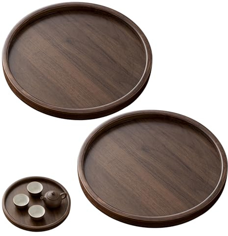 2er Set Holztablett Rund, Rundes Tablett Serviertablett Holztablett, Deko Tablett 30×30×2,3 cm, Kaffee Küche Obst Brötchen