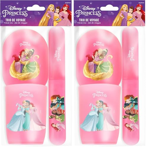 DISNEY Princesses – Trio Gobeleterie Voyage – Étui Brosse à Dents, Gobelet, Étui à Savon – Plastique Résistant – Design Pratique – Accessoire Salle de Bain Enfant - Produit Officiel Disney (Lot de 2)