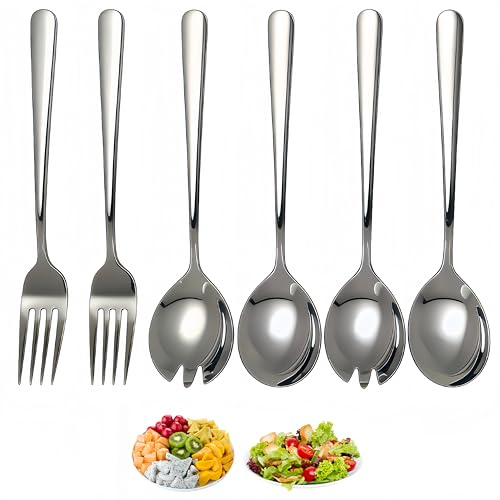 SHAOWENCB Salatbesteck 6-teilig Salatbesteck Edelstahl Vorlegebesteck,Servierlöffel Hochglanz Salatlöffel für Salat, Dessert & Obst Inkl für Familiencamping und Picknick.