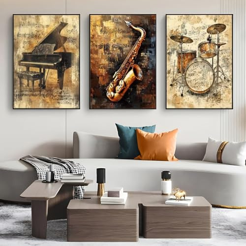 TROYSINC 3er Instrumenten Poster Set, Vintage-Charme Gitarre, Klavier, Saxophon und Schlagzeug Landschaft Wandbilder Wohnzimmer, Wanddeko für Wohnzimmer/Musikzimmer, ohne Rahmen (A,30x40cm)