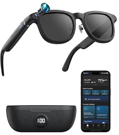 AI Smart Glasses with Camera, Built-in ChatGPT AI Voice Assistant, 1200P Video Recording, 8MP IMX219, 8-Hour Music Playback, Detachable Lenses, Real-Time Translation, with 3600mAh Charging Case