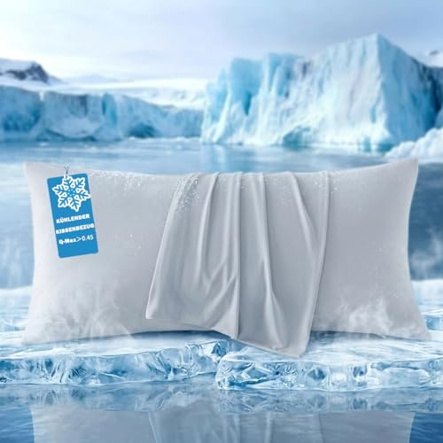 Beqnat Kühlender Kissenbezug 40x60cm 2er Set, Sommer Kopfkissenbezug Weicher für Heißschläfer, Atmungsaktiv Kühlfaser Kissenhülle Q-Max>0.45 Arc-Chill, Schont Haut und Haar - mit Reißverschluss, Grau