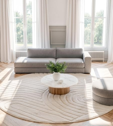 ROHATIM Runder Teppich Beige Ø 120 cm mit Relief-Struktur Kreise, Weicher Soft-Flanell, rutschfest, Waschbar & Faltbar, Deko-Akzent für Kinderzimmer & Leseecke