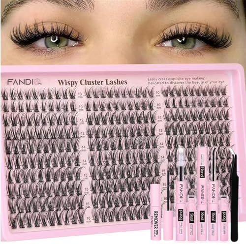 Lash Clusters Kit Wispy Eyelash Clusters Lashes Natural 10-16mm 300pcs Cluster Eyelash Extensions DIY Lash Extension Kit C Curl Individual Lashes with Glue and Remover(Black KIT)