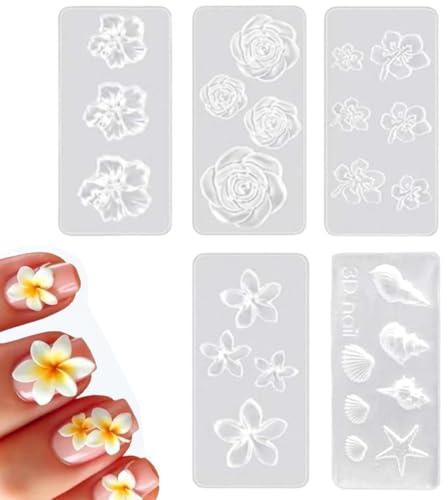 KRFWGUU 5Pcs Silikonform Blumen Nail Charms Silikonformen Gießformen Blume Nagel Schablone 3D Blumen Nägel Art Silikon Formen Plumeria Kirschblüte Rose Muscheln Petunie Nagelform Fower Nail Mold
