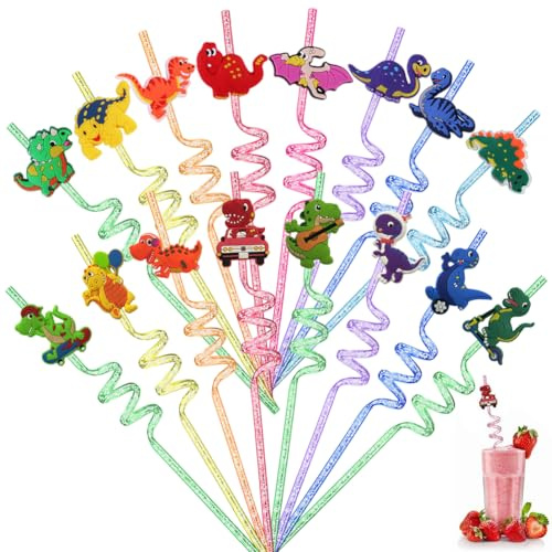 Dinosaur Curly Hard Straws,16PCS Dinosaur Reusable Drinking Straws Washable Twisty Plastic Novelty Straw Cartoon Curly Straw Birthday Party Decorations for Family Gatherings,Juices and Smoothies