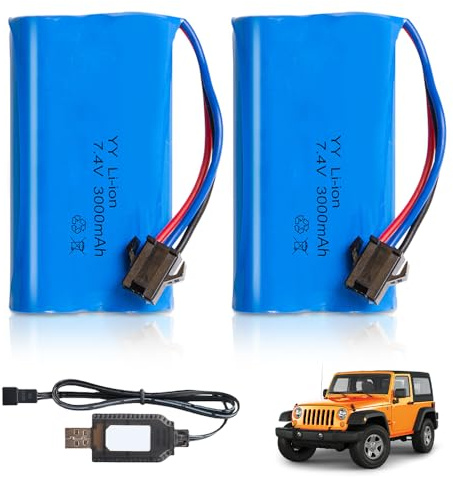 2 Stück 7,4V 3000mAh Wiederaufladbar Li-ion Akku mit SM-3P Stecker und USB Ladegerät, Li-ion Batterie für RC Autos, Boote, Panzer, Roboter