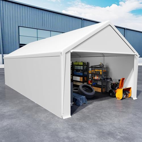 VA-Cerulean Carport Zeltgarage 4x8m, Lagerzelt mit wetterfester PE Plane, Garagenzelt mit verzinktem Stahlrahmen, mit Erdankern und Abspannseilen, Unterstand für Auto, Geräte und Gartenbedarf, Weiß