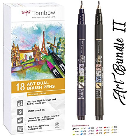 Tombow 18 Fasermaler (Sekundärfarben) Dual Brush Pen mit zwei Spitzen + Fudenosuke Brush Pen hart + weich | Aquarellierbar, auf Wasserbasis, ungiftig, säurefrei und geruchlos