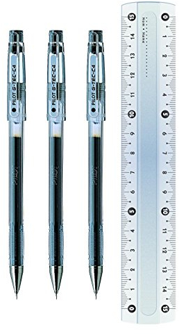 Pilot G-Tec C4 Tintenroller Gel Micro, 0,4 mm Spitze Fineliner Schwarz (3 Stück + gratis Lineal)